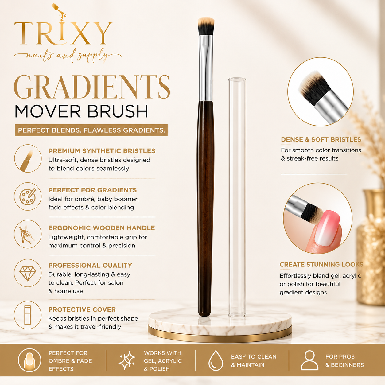 Nail Gradients Brush Set Mover Brush Brown Wooden Handle Nail