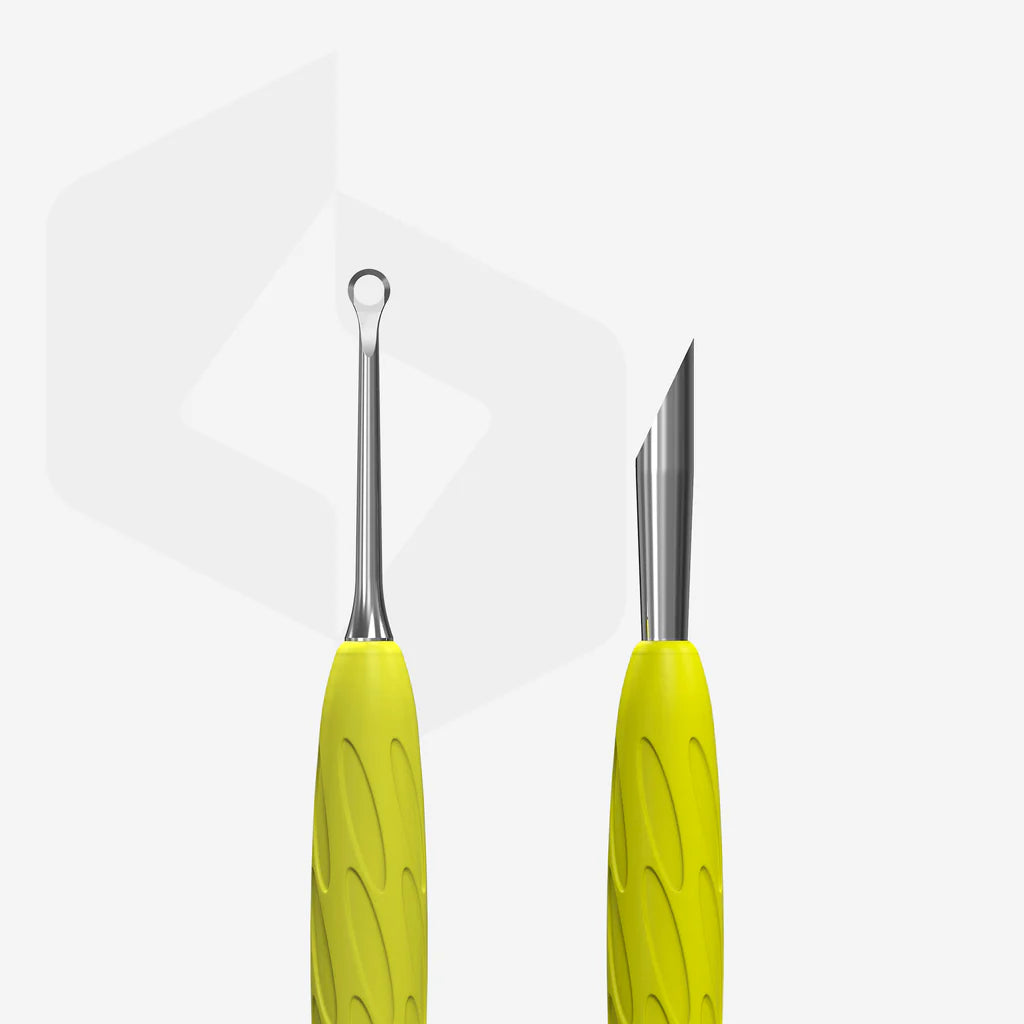 Manicure pusher Gummy with yellow silicone handle UNIQ 11 TYPE 2 (beveled and loop pusher)