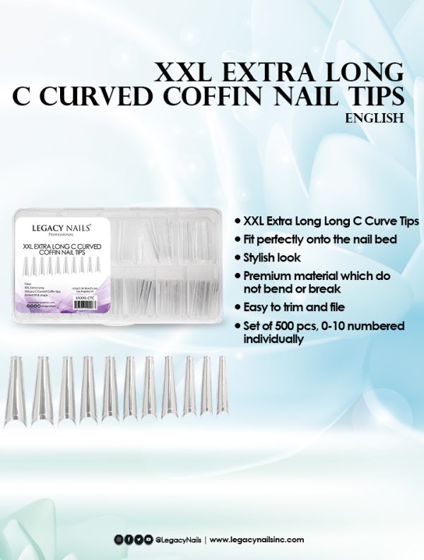 XXL Extra Long C Curved Coffin Nail Tips - Clear